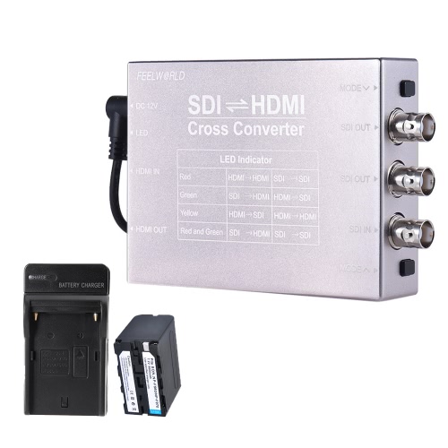 Feelworld SDI HDMI Video Audio Cross Converter Adapter Kit w/ 6600mAh Battery + Battery Charger SDI/HDMI Input HDMI/2-way SDI Output 1080P Broadcast Support 3G/HD/SD-SDI Conversion